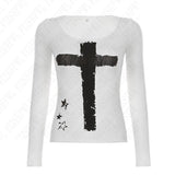 Tineit Y2k Women Sexy Long sleeve Crop Tops Harajuku Print Punk Fashion Baby Tees Vintage Grunge Gothic Streetwear Long sleeve Tops emo