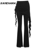 Tineit American High Street Ballet Lace Street Cool Punk Style Capris Fake Two Irregular Tassel Straight Leg Casual Pants Y2k