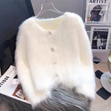 thanksgiving outfit Tineit Faux Mink Knitted Cardigan Women Single-Breasted Elegant Solid Loose Fall Winter Soft Jacket Office Lady V-Neck Sweater Blouse