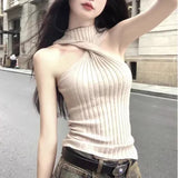 thanksgiving outfit Tineit Halter Twist Vest Tee Women Sexy Strapless Chic Knitted High Street Sweater Fashion Harajuku Elegant Slim Elastic Female Tank