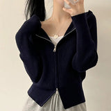 Tineit Vintage Knitted Hooded Zip Up Cardigan