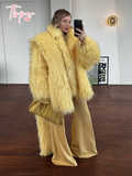 Tineit 2025 Chic Yellow Warm Fluffy Faux Fur Coat With Scarf Women Fashion Long Sleeves Loose Thick Jackets Lady Thermal New Streetwear