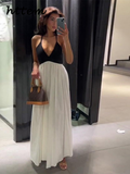 Tineit Elegant Spliced Sling Long Dress Women Sexy Deep V Neck Backless Sleeveless Contrast Party Dresses 2024 Summer Lady Evening Robe