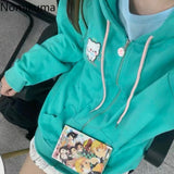 Tineit Embroidery Cat Anime Hoodie Women Long Sleeve Hooded Zipper Japanese Y2k Coat 2025 Ropa Mujer Casual Oversized Sweatshirts Tops