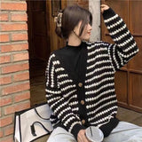 thanksgiving outfit Tineit Striped Knit Cardigan Women Black White Patchwork Fall Winter Warm Button Sweater Fashion Elegant Loose Chic Twist Coat