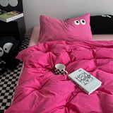 Tineit Ins Style Nordic Bedding Set No Filling Duvet Cover Pillowcase with Cute Eye Embroidered Solid Color Single Queen Size Bed Linen