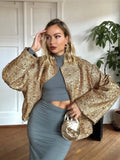 Tineit Ladies Sexy Chic Golden Sequin Zipper Autumn Winter Jacket Women Loose Round Neck Coat Party Club Shiny Outerwear Jacket Female