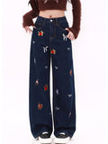 christmas outfit Tineit Women's Dark Blue Y2k Baggy Jeans Harajuku 2000s Oversize Pattern Print Denim Trousers Vintage Jean Pants Trashy Clothes 2025