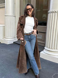 Tineit 2024 New Elegant Suede Lapel Overcoat With Belt Chic Double-breasted Full Sleeve Long Jacket Autumn Female Commute Outwear