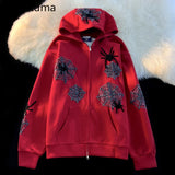 Tineit Harajuku Hoodies Women Clothing Hooded Spider Web Zipper Sweatshirts Y2k Coats Casual Fashion Oversized Hoodie Tops Ropa Mujer