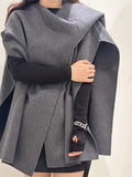 Tineit Woolen Scarf Collar Chic Coat Women Irregular Clipping Thicken Warm Half Sleeve Fashion Jacket Female 2025 Autumn Gray Outwear