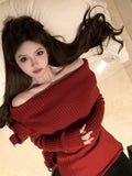 Tineit Korean Fashion Knitted Sweater Clothing Off Shoulder Casual Slim Bodycon Pullovers Office Lady Elegant Long Sleeve Tops 2025