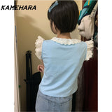 Tineit Y2k Japanese Little Fly Sleeve Lace Edge Cute Sleeveless T-shirt Summer New Girl Versatile Top Ins 민소ë§?í‹?여성 Kpop Tank