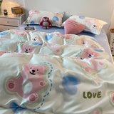 Tineit Pastoral Style Little Bear Bedding Set Adult Queen Twin Full Size Quilt Cover Bed Flat Sheet Kids Cute Duvet Cover No Filler