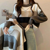 thanksgiving outfit Tineit Retro Stripe Knit Sweater Women Fall Loose Slouchy O Neck Long Sleeve Patchwork Pullover Y2K Korean Streetwear Casual Jumpers