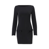 Tineit Elegant Bow Decor Short Party Dress Women Slim O-neck Long Sleeve High Waist Mini Dresses 2024 Autrumn Lady Office Solid Vestido