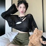 thanksgiving outfit Tineit Chic Hollowed Out Smock Women Long-Sleeve Solid Sexy Cropped Tops Blouse Harajuku Fashion Loose Knitted Y2K High Street Sweater