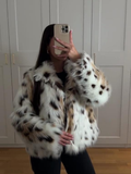 Tineit Leopard Print Faux Fur Short Coat Women Casual Single Breasted Plush Stand Collar Thick Outwear 2025 Autumn Zipper Fluffy Jacket