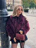 Tineit Women's Fashion Burgundy Faux Fur Cropped Coat Elegant Lapel Thick Warm Fluffy Furry Jackets Lady Chic Fall Winter Plush Outwear