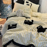 Tineit Korean Style Bedding Set Green Strip Black Cat Embroidery Washed Cotton  Duvet Cover Cute Cardboard  Bed linen Comforter Sets