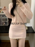 Tineit Pink Korean Fashion Knitted Suit Elegant 2 Piece Set Woman Casual Sweater Tops + Sexy Bodycon Mini Skirt Office Lady 2025 Autumn