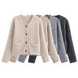 thanksgiving outfit Tineit 2024 Autumn New Product Women's Fashion Retro Versatile Wool Pit Bar Round Neck Knitted Cardigan Coat