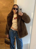 Tineit Fashion Solid Women's Fluffy Furry Faux Fur Coat Winter Luxury Thicken Warm Lapel Jacket 2024 Lady Popular Plush High Streetwear