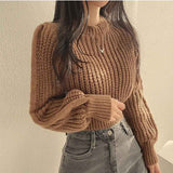 thanksgiving outfit Tineit Zoki Autumn Knit Short Sweaters Fashion Sexy Hollow Out Long Sleeve O Neck Solid Pullover Loose Korean All Match Crop Jumper New