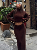 Tineit Women Elegant Sweater Skirt Sets High Collar Button Knitted Loose Pullover High Waist Skirts Suits 2 Pieces Female All-match Set