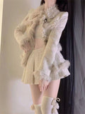 Tineit 2025 Spring Faux Fur Korean Fashion Suit Woman Knitted Sweater Set Warm Casual Tops + Slim Bodycon Y2k Mini Skirtm Female Chic