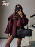 Tineit Burgundy Chic Contrast Edge Scarf Collar Woolen Jacket Elegant Women's Long Sleeve Loose Coat 2025 New Fall Lady Fashion Outwear