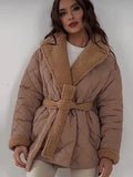 Tineit Cotton Thick Loose Parkas Women Jackets Grid Pattern Solid Lapel Coats Elegant Belt Female Top Lady Warm Chic Outwear 2025 New