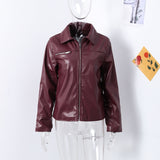 Tineit Street Women's Red Wine Leather Jacket Loose Lapel Zipper Long Sleeve Pockets Female Coat 2024 Autumn Lady Vintage Solid Outwear