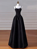 Tineit Elegant Black A-Line Satin Long Prom Dress Long Prom Dress B  (PRE-ORDER)