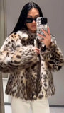 Tineit New Fashion Leopard Printed Warm Faux Fur Coat Chic Lapel Long Sleeve Women's Fluffy Furry Jacket Thick Lady Chic Outerwear 2024