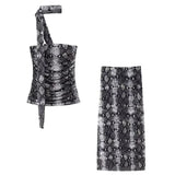 Tineit Women Fashion 2 Piece Set Tulle Leopard Pleated Tops & Vintage High Waist Midi Skirt Female Chic Lady Skirts Set