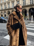 Tineit 2024 Brown Chic Women's Fluffy Faux Fur Long Coat Fashion Thicken Warm Lapel Full Sleeve Overcoat Lady Winter Plush Streetwear