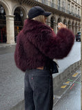 Tineit Women's Fashion Burgundy Fluffy Furry Warm Cropped Coat Elegant Faux Fur Lapel Thicken Warm Jacket 2024 New Lady Chic Streetwear