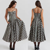 Tineit Sexy Plaid Print Sling Dress Women Elegant Patchwork Sleeveless Backless Pleated Female Maxi Dresses 2024 Summer Chic Lady Robes