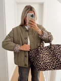 Tineit Casual Grid Pattern Cotton Pad Coat Women Office Leopard Print Lined O-neck Single Breasted Jacket Autumn Long Sleeve Outwear