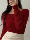 Tineit Solid Lapel Neck Slim Knit Sweater