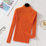 thanksgiving outfit Tineit Pit Stripe Knit Sweater Women Korean Fall Winter Fashion Slim Elegant Solid Half High Collar Long Sleeve Pullover Basic Chic Top