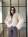 Tineit Solid Faux Fur Coats Women Luxury Single Breasted O-neck Long Sleeve Short Jackets Furry Winter Lady Office Thicken Lady Outwear