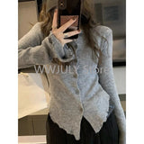 Tineit 2025 Y2k Grey Vintage Women Kint Sweater Harajuku Long Sleeve Cardigan Irregular Korean Fashion Slim Autumn Jerseys Casual