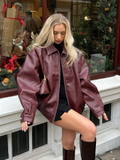 Tineit New Burgundy Chic Zipper Front Leather Bomber Jacket Women's Fashion Oversized Lapel Full Sleeved Coat 2025 Lady High Streetwear