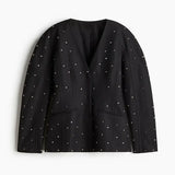 Tineit Diamonds Luxurious Slim Female Jacket 2025 Spring Elegant Hidden Buckle Long Puff Sleeve Coat Female Black Fashion Outwear