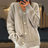 thanksgiving outfit Tineit Casual Knitted Solid V-neck Cardigan Women Loose Solid Single-Breasted Pullover Sweaters Female Autumn Chic Street Daily Outwear