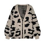 Tineit Leopard Printed  Vintage Cardigan Women Knitted V-neck Long Lantern Sleeves Sweater Female 2025 Autumn Loose Chic Lady Top