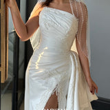 Tineit Customized White Beaded Side Slit Veil robes de soirée Strapless Satin Party Dresses Floor-Length Trailing Prom Dress-(PRE-ORDER)