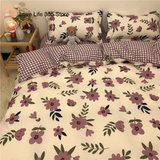 Tineit Korean Ins Black Flower Bedding Set Girl Orange Princess Style Sheet Cover Trellis Polyester Soft Bedclothes For Gitls Gift